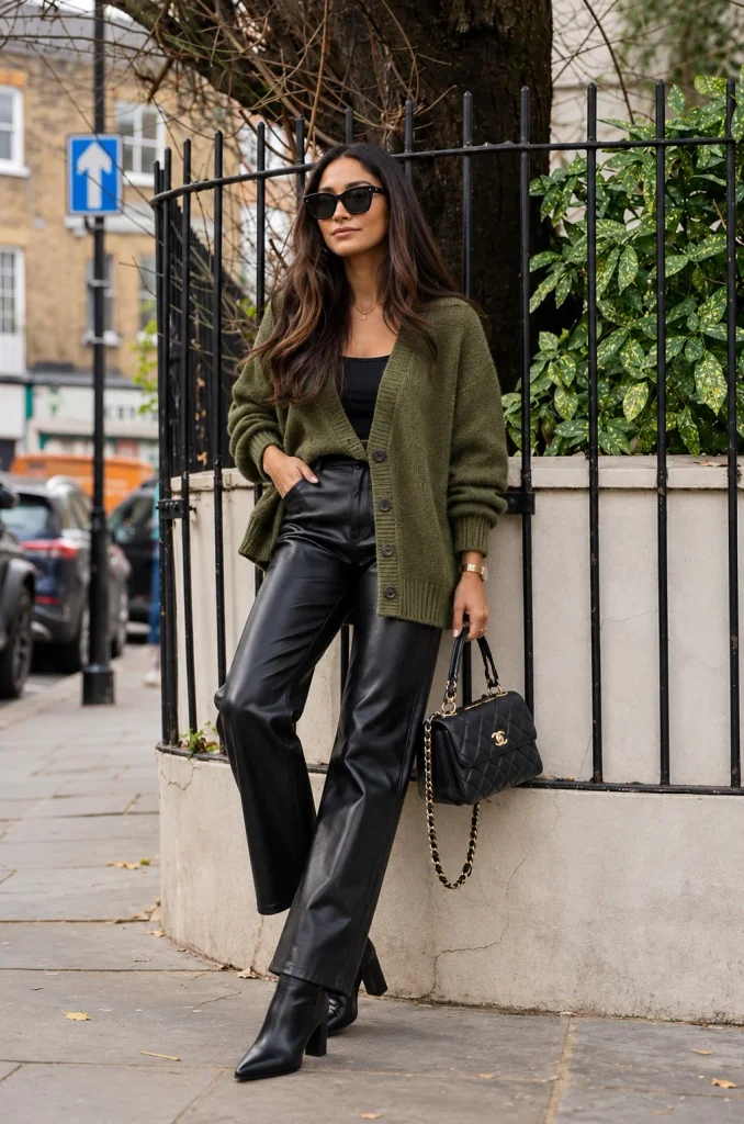 Olive green cardigan with black leather pants and heeled boots