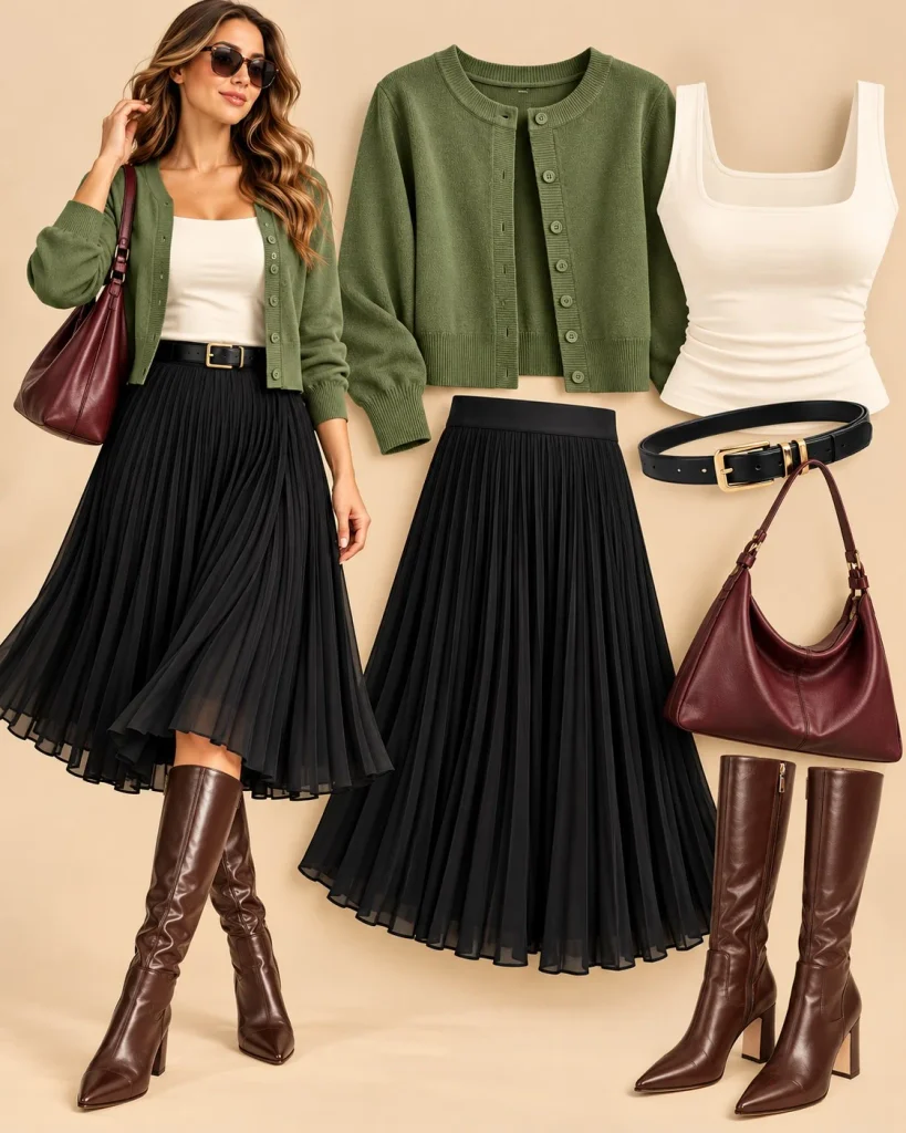 Olive green cardigan with black midi skirt and knee-high boots