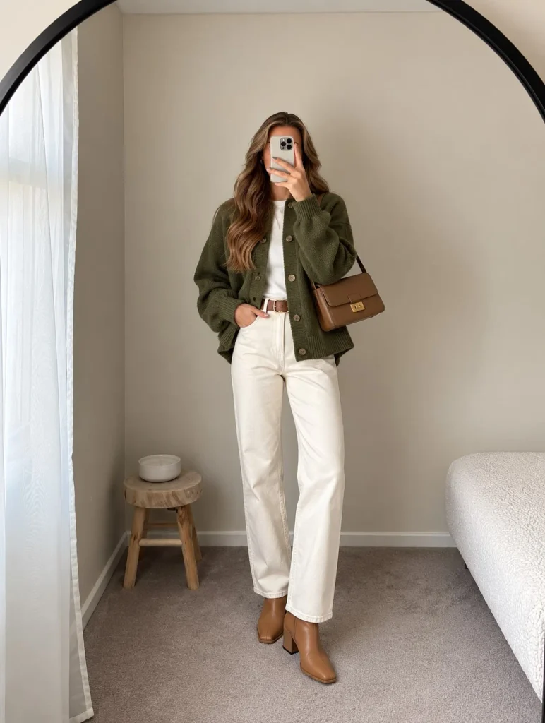 Olive green cardigan with cream jeans and tan ankle boots