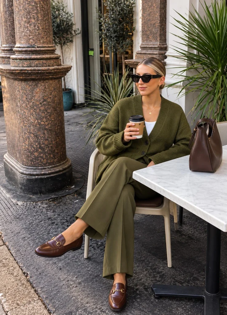 Olive green cardigan with matching olive trousers and brown leather flats