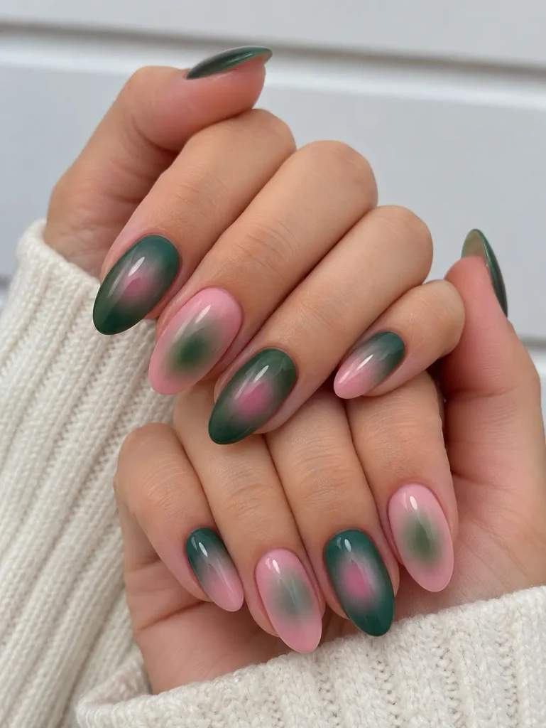Pink and green Christmas aura nails with a soft blended gradient and hazy color transitions