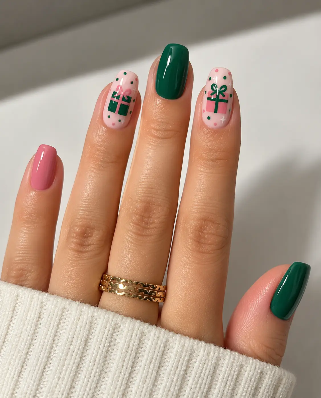 Pink and green Christmas gift-box nails with square present designs and contrasting ribbon details