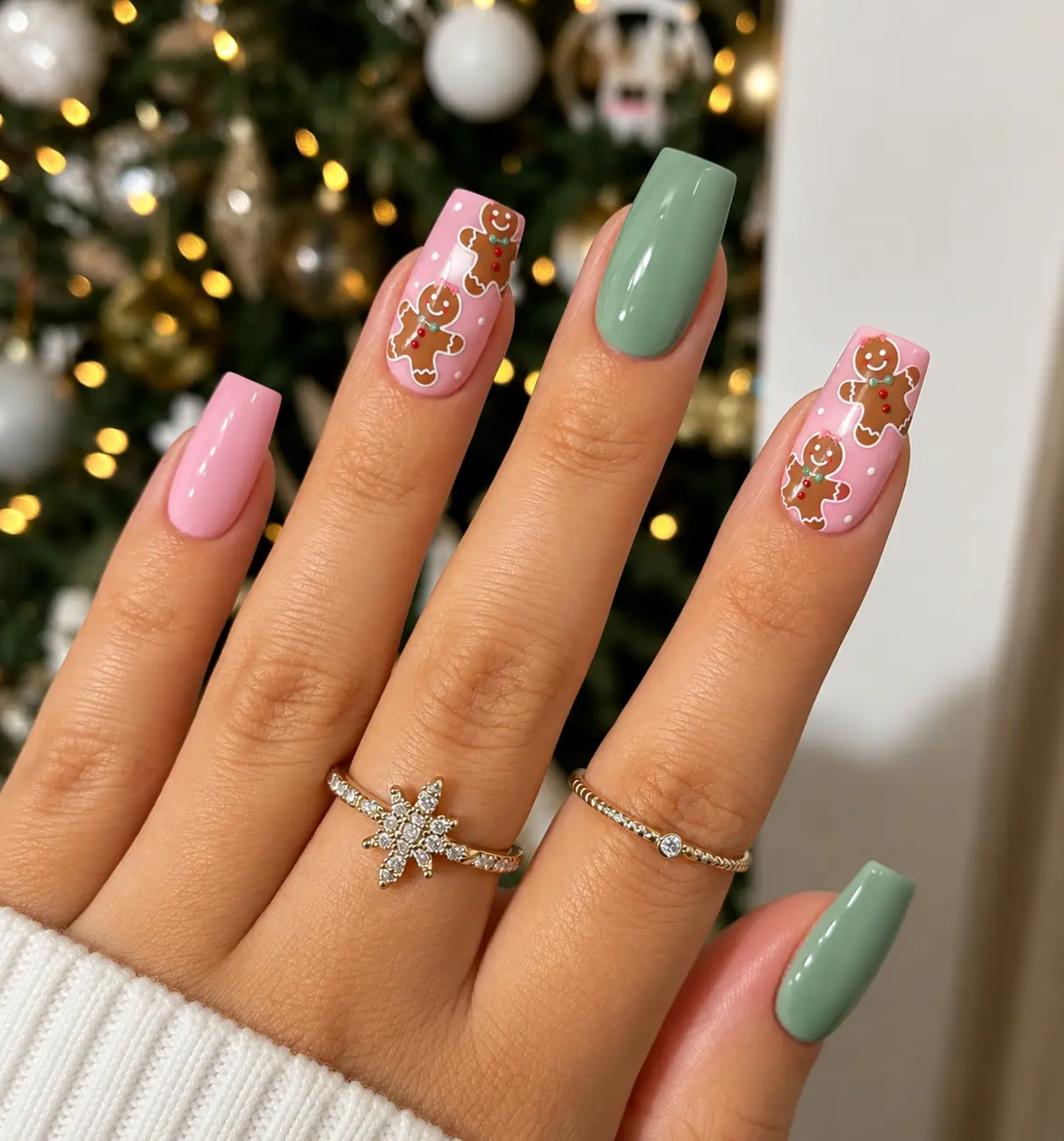 Pink and green Christmas nails featuring brown gingerbread figures with white icing details