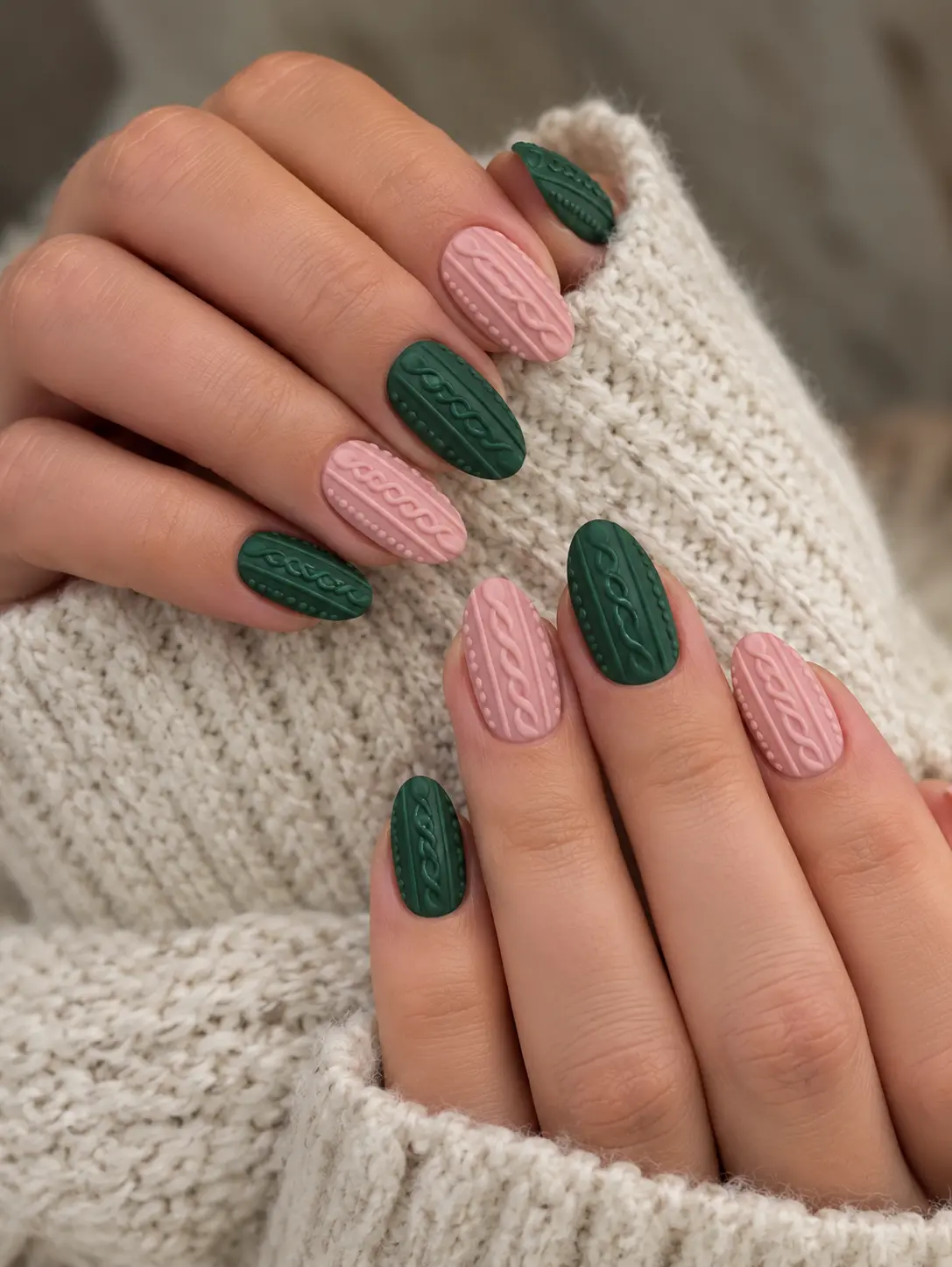 Pink and green Christmas sweater nails with raised cable-knit lines and textured knitted patterns