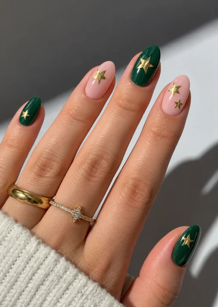Pink and green Christmas nails decorated with tiny metallic gold star accents