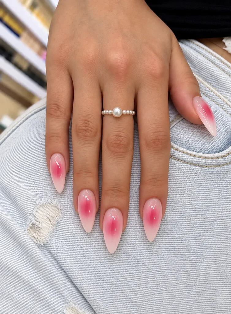 Pink aura acrylic nails with a soft airbrushed gradient fading from a deeper pink center.
