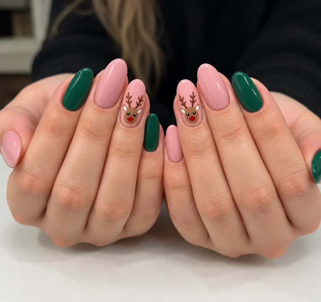 Pink and green Christmas nails featuring a reindeer face with branching antlers and a festive nose