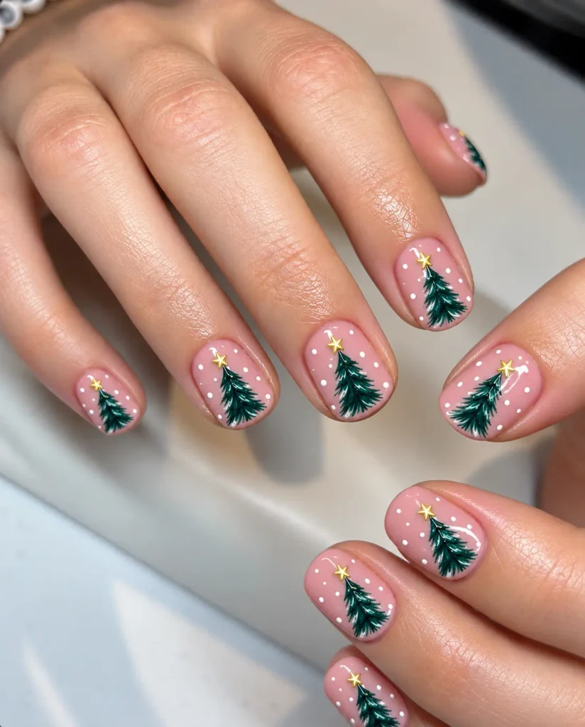 Pink Christmas nails with miniature green Christmas trees and tiny gold star accents on a blush pink base
