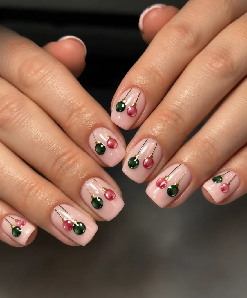 Pink Christmas nails decorated with emerald green and rosy pink baubles and fine hanging strings