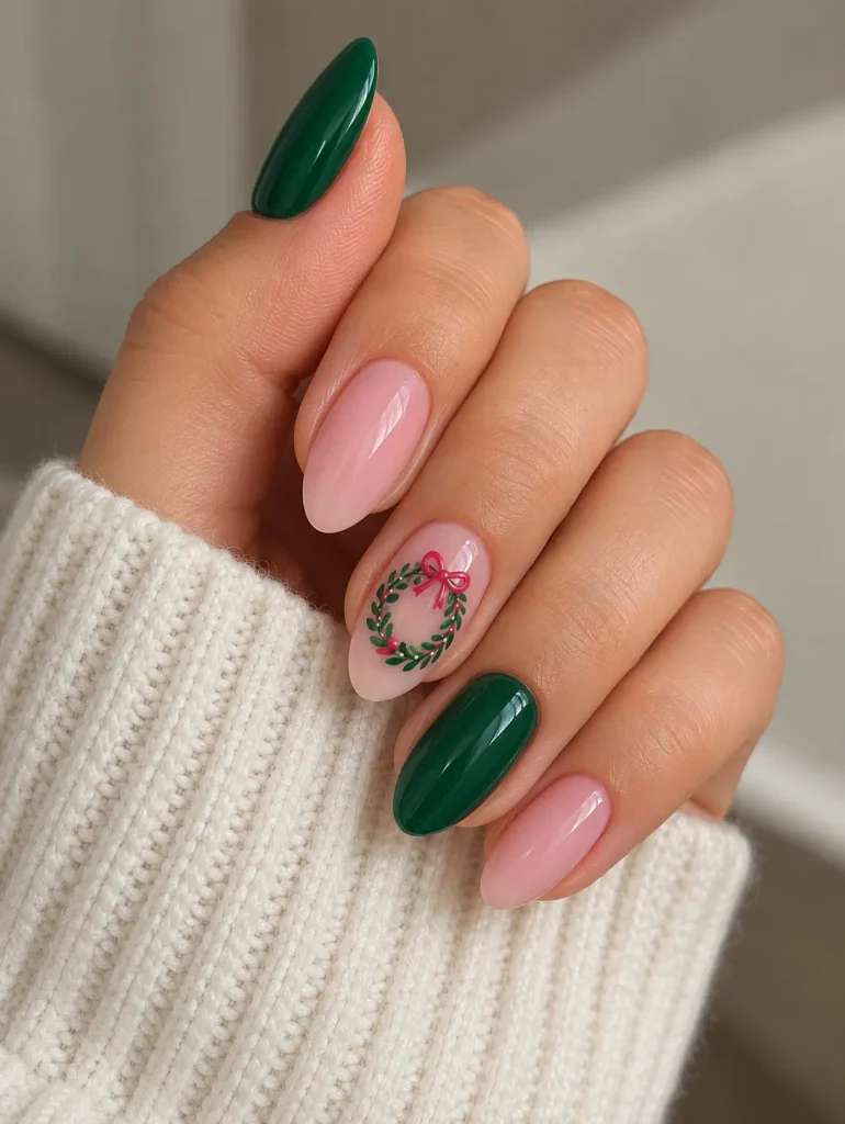 Pink Christmas nails featuring a miniature green wreath with leafy branches and delicate decorative accents