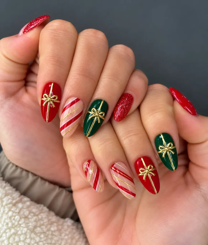 Red and green Christmas present nails with thin gold ribbon lines and a small bow accent