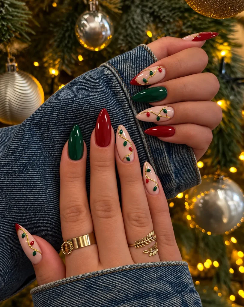 Red and green Christmas string light nail art with tiny bulbs along a curved gold wire