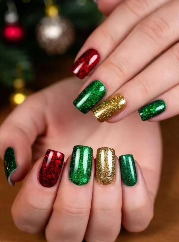 Red, green, and gold Christmas glitter nails with separate festive glitter shades across the manicure