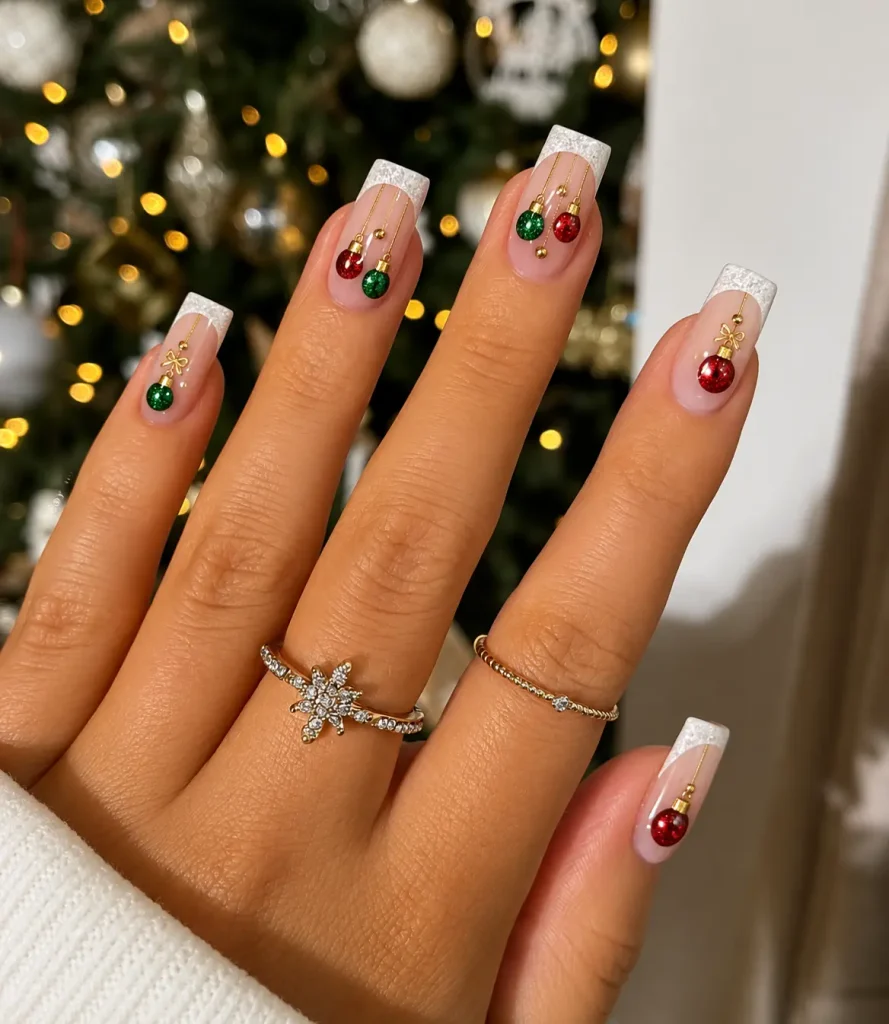 Red, green, and gold Christmas bauble nail art with hanging ornaments on a sheer nude base