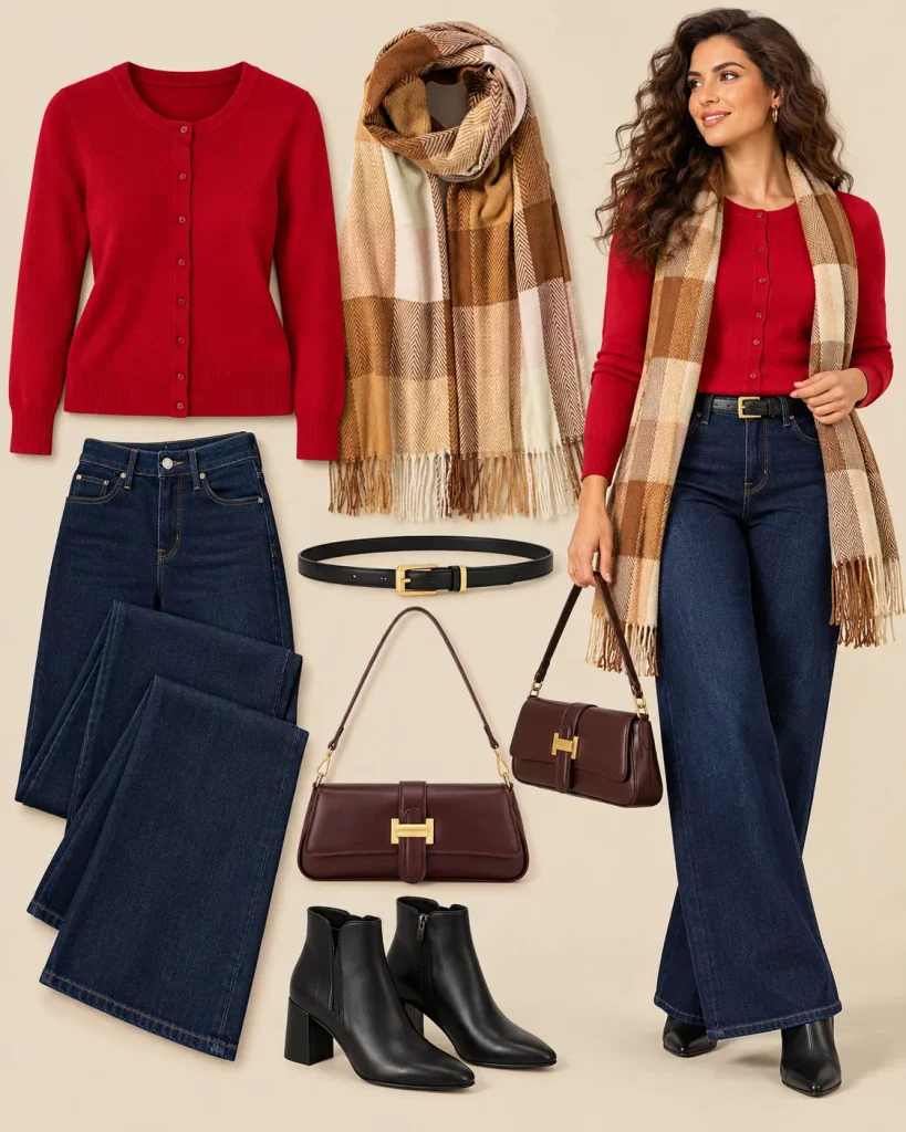 Cute Christmas outfit for women with a red sweater, dark jeans, and black ankle boots