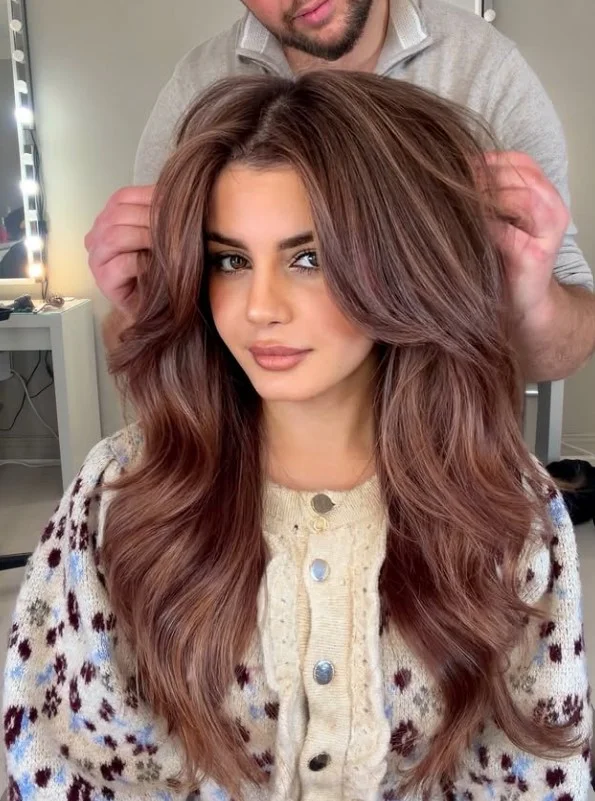 Rose brown hair with subtle rosy tones blended into brunette hair