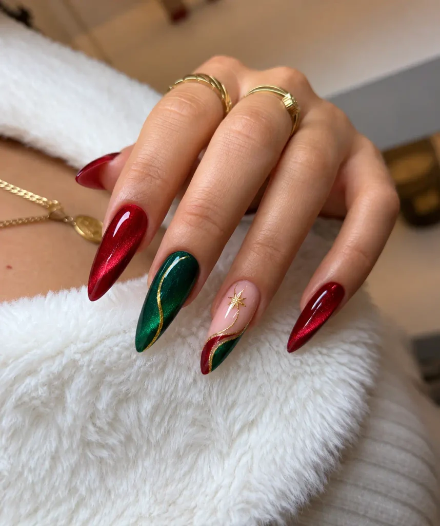 Ruby-red velvet Christmas nails with emerald green polish and delicate gold accents