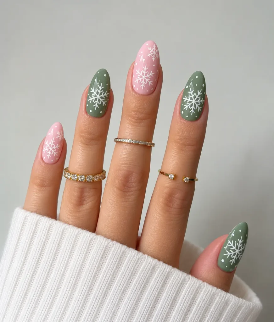 Sage green and pale pink Christmas nails decorated with delicate white snowflake designs