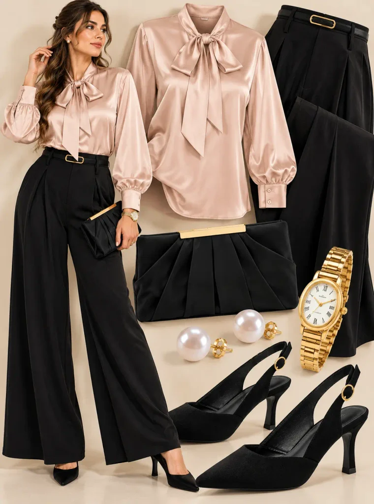 Chic holiday party outfit featuring an ivory satin bow blouse, tailored black trousers, and slingback heels