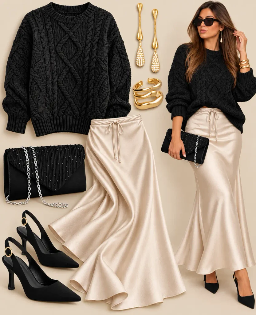 Christmas party outfit with a sparkling sequin midi skirt, black sweater, and pointed-toe pumps
