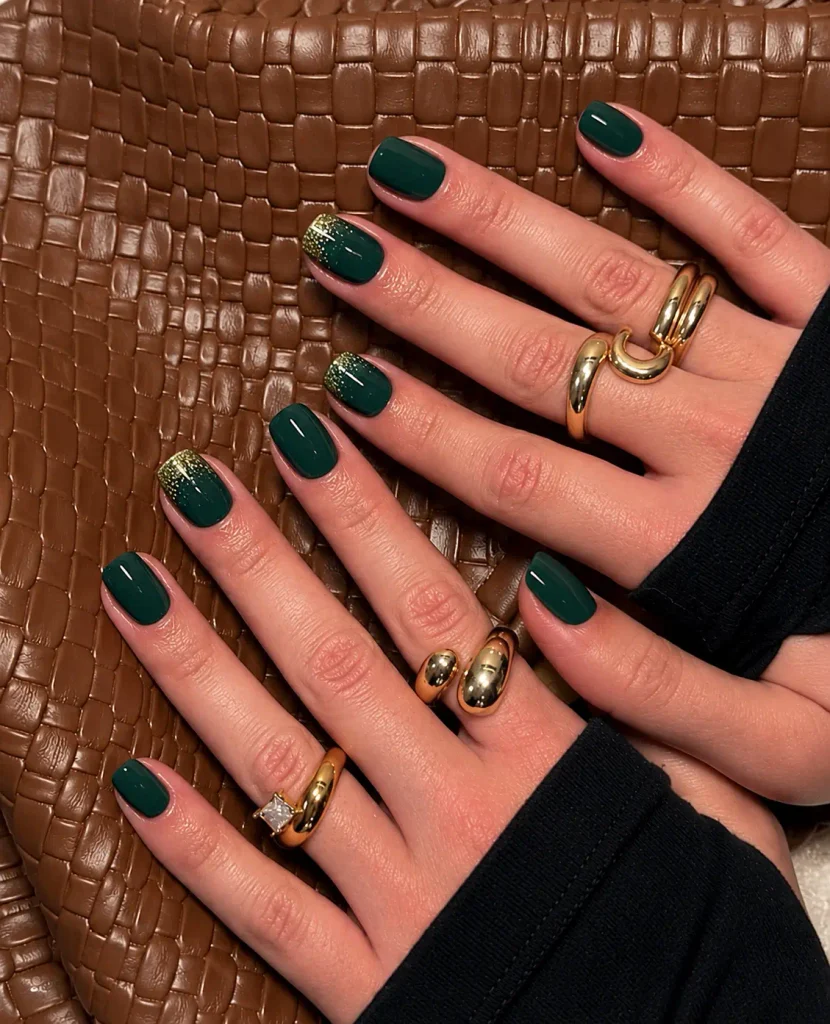 Short dark green Christmas nails with a fine gold glitter fade concentrated near the tips or cuticles