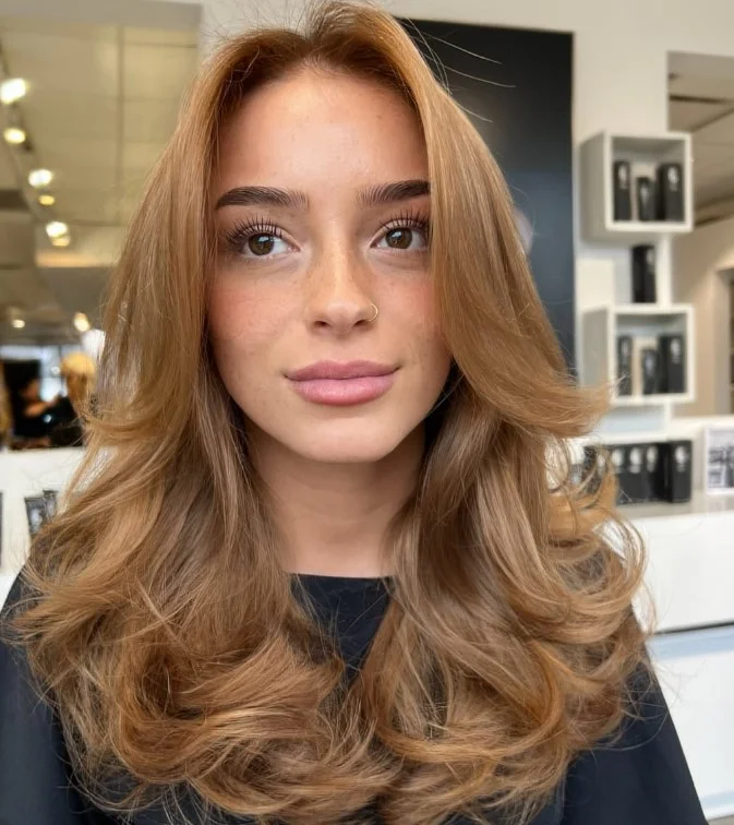 Soft copper highlights blended through brunette hair on olive skin