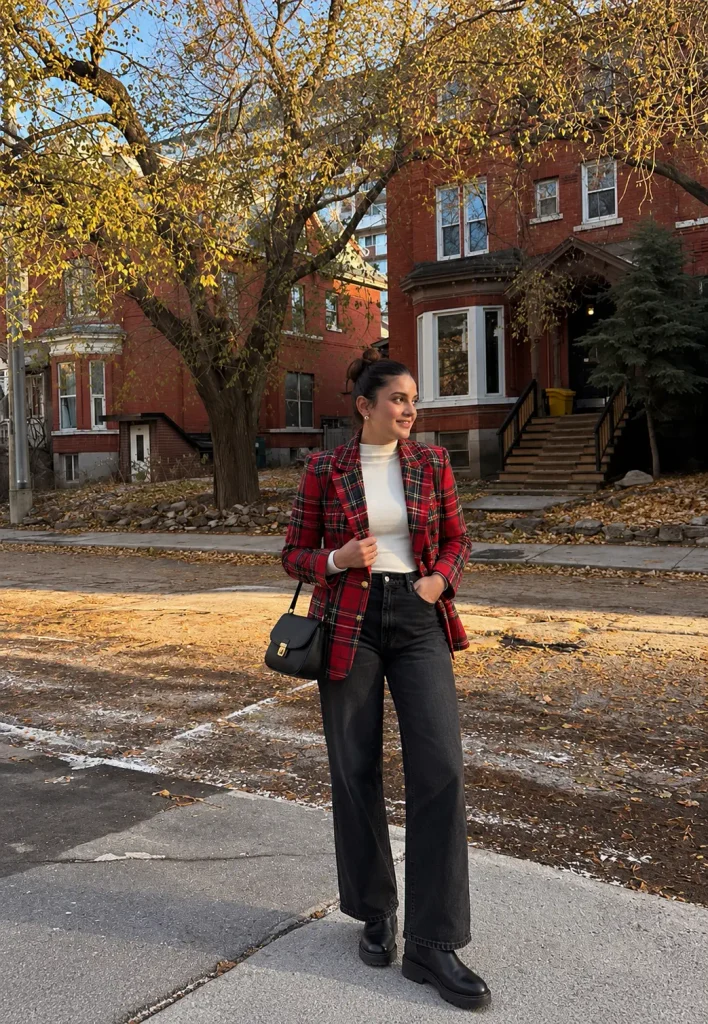 Stylish Christmas outfit with a tartan plaid blazer, black jeans, and Chelsea boots