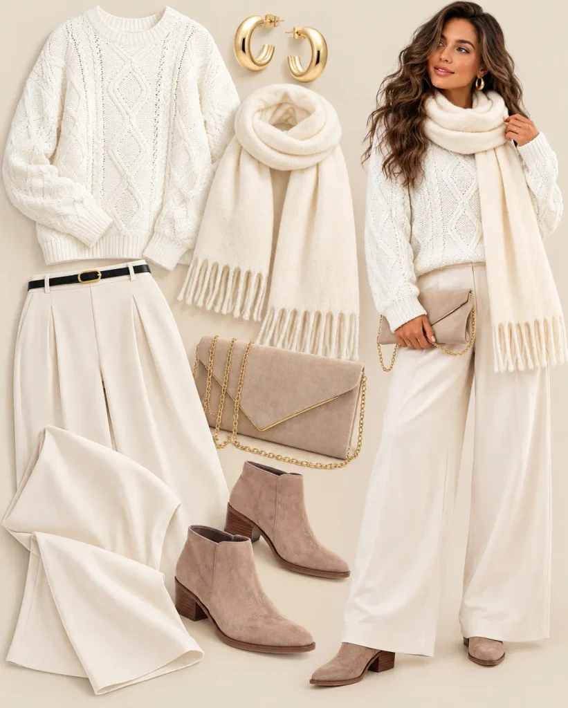 Winter white outfit with an ivory sweater, cream wide-leg trousers, and beige suede ankle boots